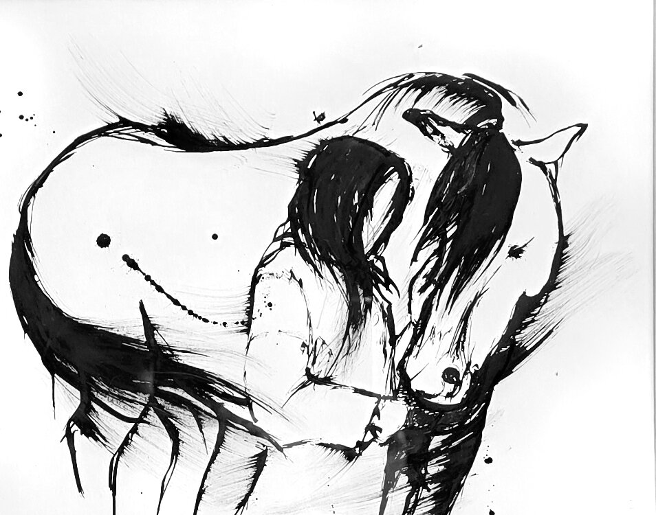 Black ink painting of a Horse with lowered head and long mane, drawn in loose brushstrokes with ink splatters on a white background.