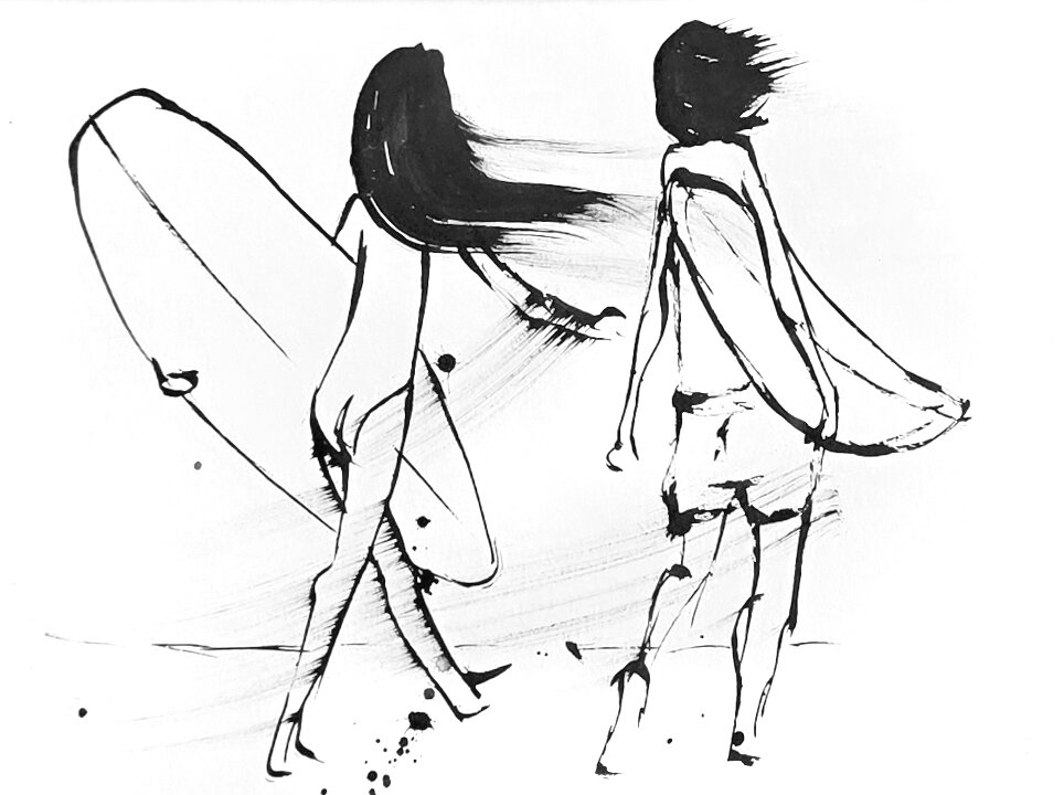 Beach'n Days black ink sketch of two surfers walking away carrying surfboards, drawn in loose brushstrokes.