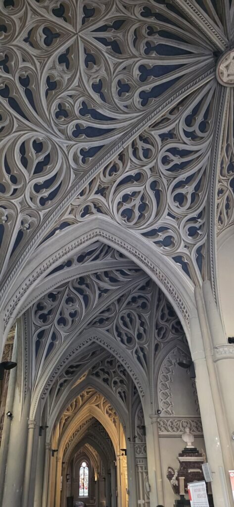 Ceiling of Chambéry cathedral covered in painted trompe-l'oeil Gothic tracery in grey with dark blue sky showing between the stonework