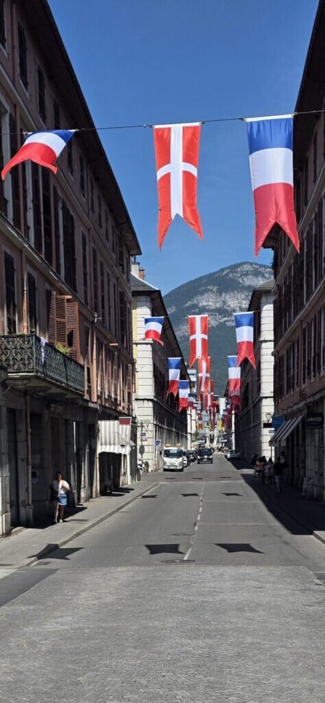 A straight Chambéry street hung with French tricolour and red and white Savoy banners, a green mountain rising at the far end
