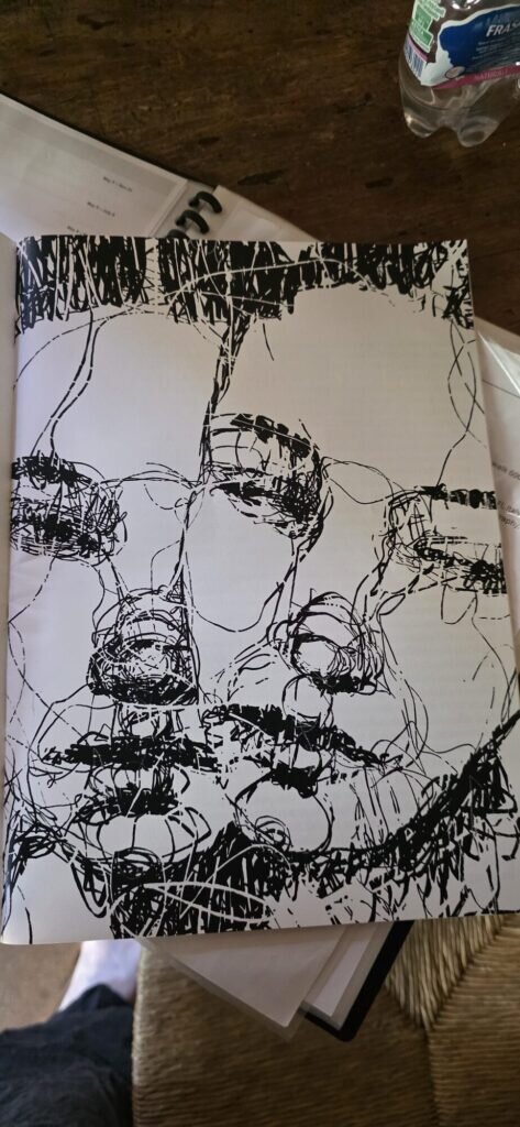 Dense black ink study over a printed page, drawn in Florence
