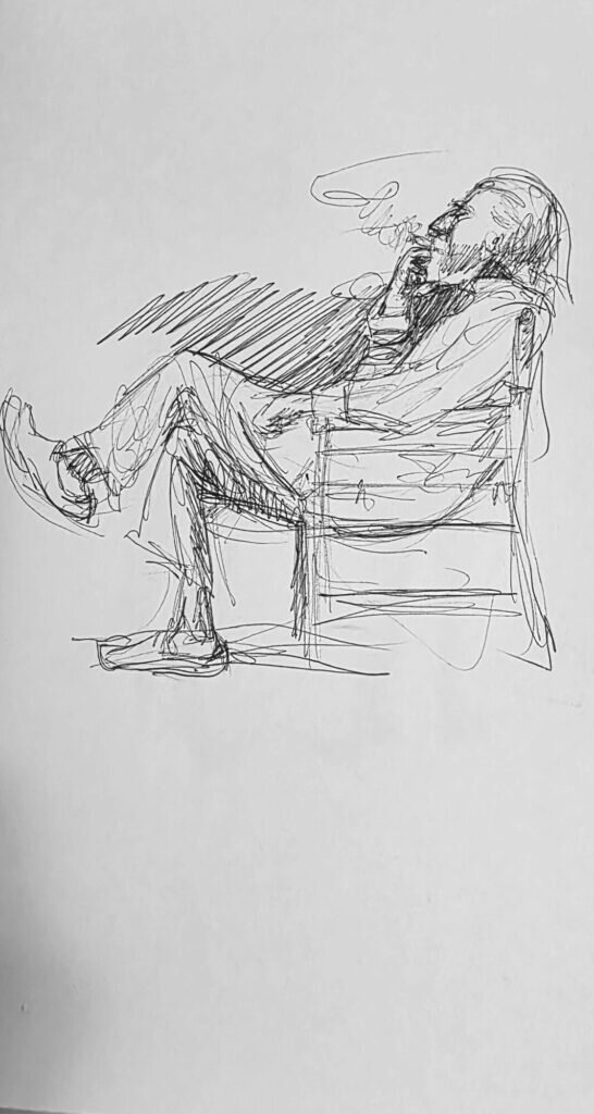 Ink sketch of a man tipped back in a chair with his feet up and one hand at his face