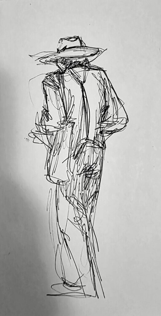 An ink sketch of a hatted figure seen from behind, walking away down a lane