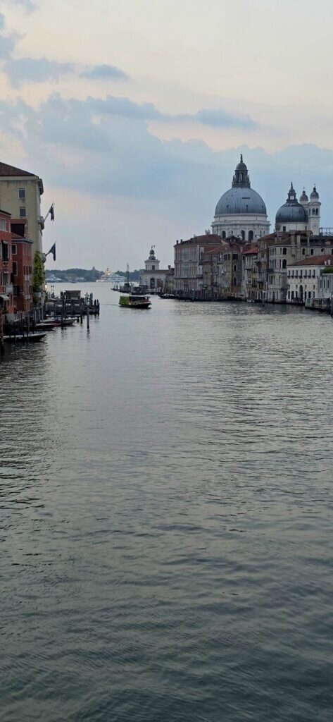 Dawn on the Grand Canal in Venice from the Accademia bridge, the dome of the Salute catching first light