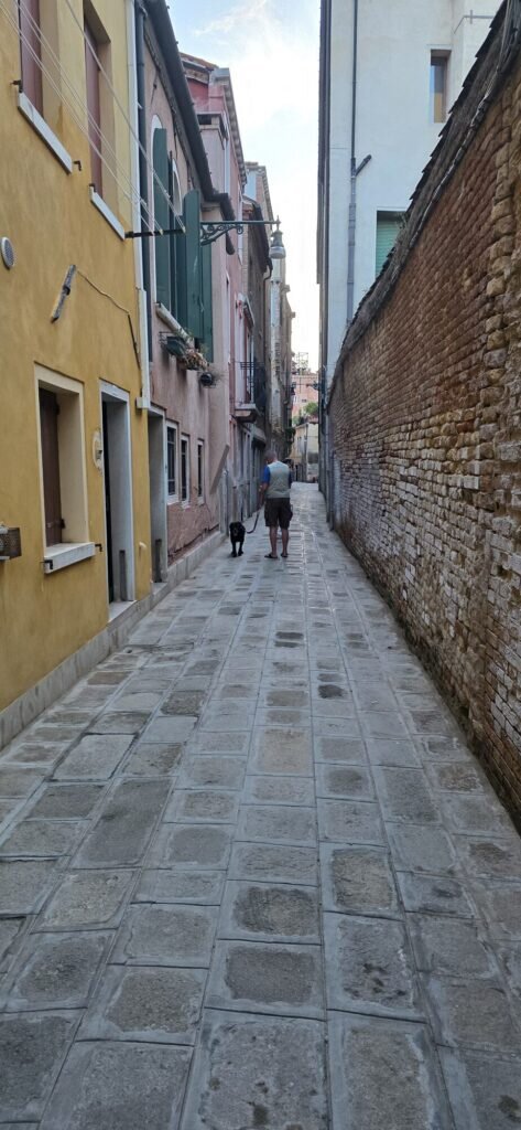 An empty Venetian back lane at dawn with a man walking a black dog towards the light