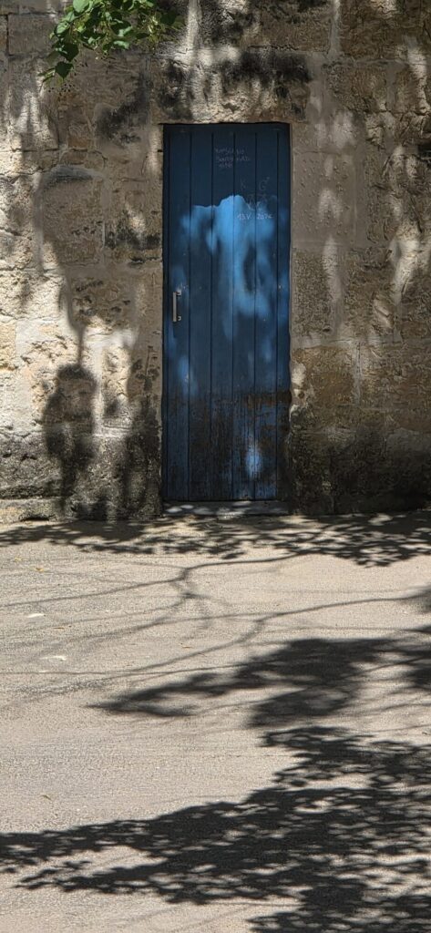 A narrow blue painted door set in a rough pale stone wall, with the dappled shadow of leaves thrown across the wall and the road in front of it