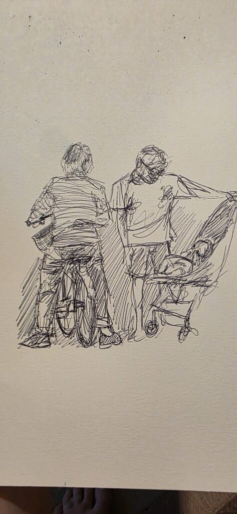 A ballpoint sketchbook page of two people standing over bicycles seen from behind, one in a striped top, drawn in loose open line with light hatching for shadow