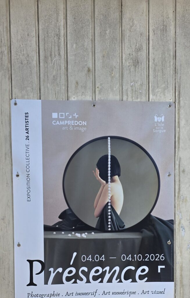 Exhibition poster for Presence at Campredon art and image, showing a figure seen from behind in a round mirror with a line of pearls down the spine