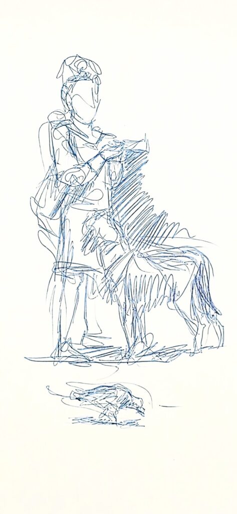 Blue ballpoint sketch of a standing figure with one hand on a large dog, and a second small dog curled asleep on the ground below