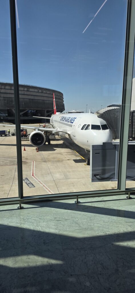 Airliner parked at the gate at Paris Charles de Gaulle airport seen through the terminal window, with a round terminal building behind