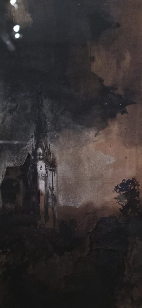 Victor Hugo's drawing Le Burg au clair de lune from 1857, a moonlit castle tower in brown ink and wash with charcoal and white gouache highlights