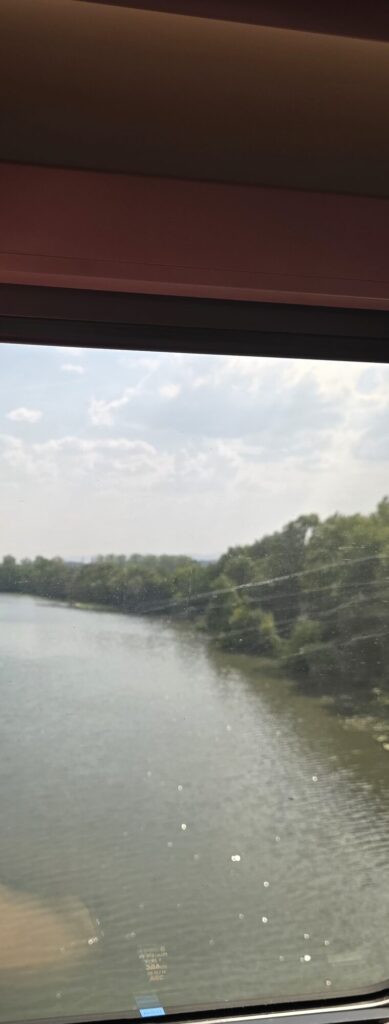 The Saone seen through a train window, wide green water with a wooded bank on the right, the glass in front of it covered in dust and scratches and a long diagonal mark