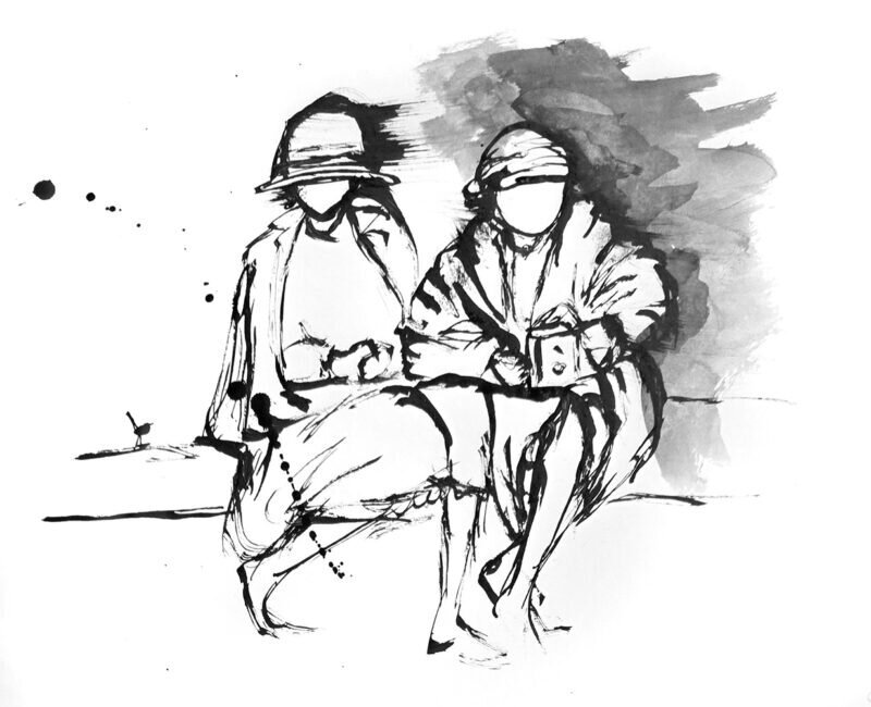 Box Brownie Moments, vintage: black ink sketch of two seated figures in hats and coats, grey wash behind, small bird at left.